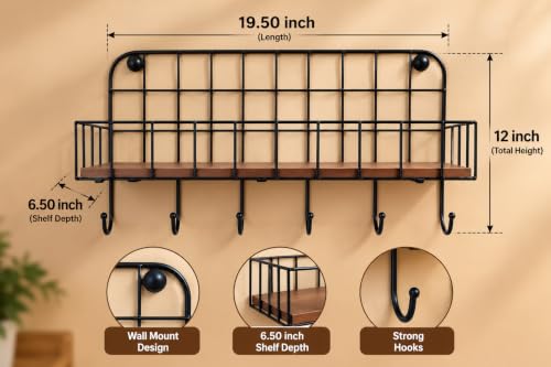 Image of Wood Karigari Floating Wall Shelf for Bedroom, Living Room, Bathroom, Kitchen, Office Storage Wall Mount Shelf with 6 Hooks (MDF Metal Black Powder Coated
