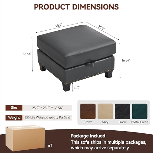 Image of 25.2 inch Faux Leather Storage Ottoman Bench for Couch, Vintage PU Leather Foot Stool with Nailhead Trim for Sofas, Mid Century Modern Hidden Storage Footrest for Living Room, Bedroom, Office, Black