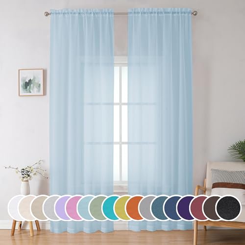 Image of OWENIE Sky Blue Sheer Curtains 90 Inches Long for Bedroom Living Room 2 Panels Set, Light Filtering Voile Light Blue Sheer Curtain, Airy Rod Pocket Farmhouse Curtains, 42Wx90L, Sky Blue