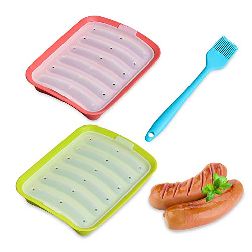 Akamino Silicone Baking Mold with Brush Non-Stick Silicone Sausage Mold for Microwave DIY Homemade Hot Dogs Red&Green - 2 Pack