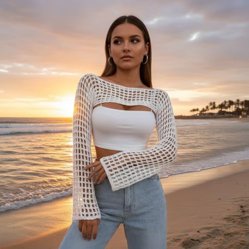 Image of Womens Crochet Shrug Y2K Hollow Out Bolero Shrug See Through Cropped Knit Sweater Top