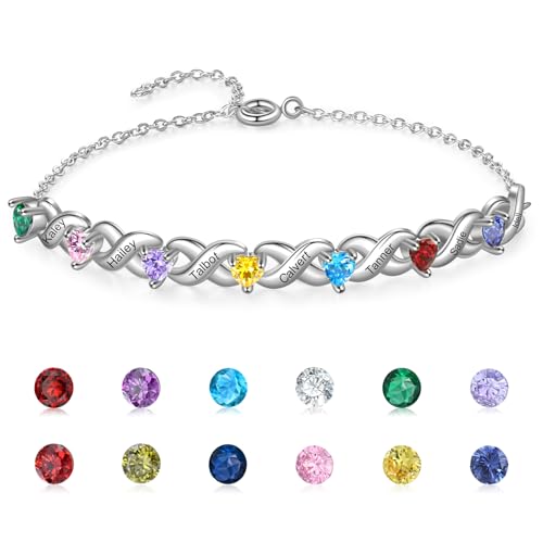 Fortheday Personalized Birthstone Bracelets for Women Infinity Love Heart Charm Name Bracelet with 1-8 Birthstones Christmas Gift for Women Mom Daughter Wife Grandma