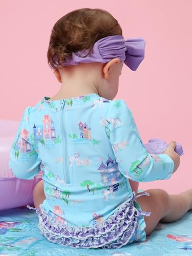 Image of RuffleButts Baby Girls UPF 50+ Sun Protection Floral Printed Long Sleeve One Piece Rash Guard Swimsuit with Zipper