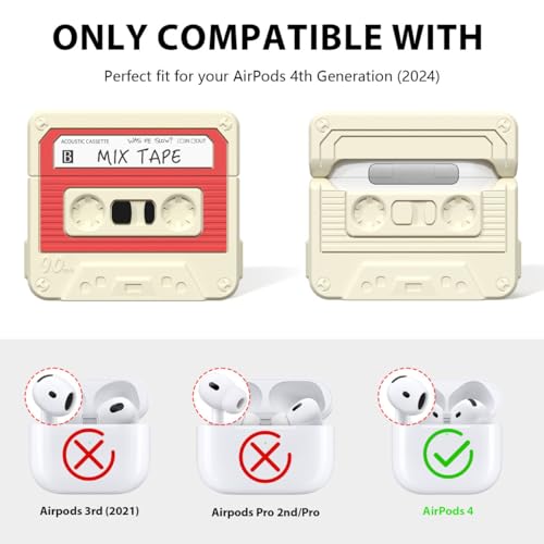 Image of KOREDA Compatible with AirPods 4 Case Cover, Funny Cassette Tape Design Case for Airpods 4th Generation 2024, Cute Cartoon Fashion Silicone Protective Case for Women Men (Off-White)
