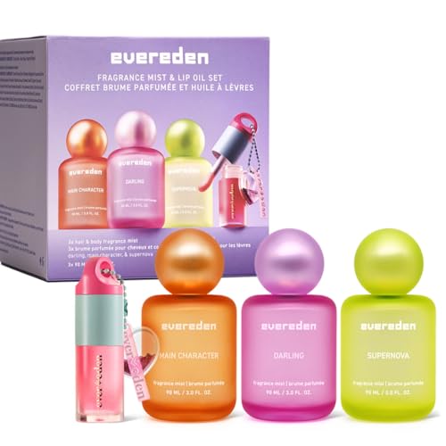 Evereden Kids Fragrance Gift Set 3 Hair & Body Mists + Tinted Lip Oil | Clean Vegan Non-Toxic Scents for Girls & Teens | Fun Self-Care Gift Box with Aesthetic Collectible Bottles