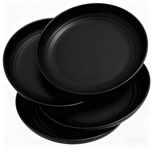 GZTFPQ Dinner Plates Sets, 4 Pcs Unbreakable Plastic Plates Reusable Lightweight Salad Plates Suitable for Picnic, Camping & BBQ, Dessert for Adults Children Kids, Microwave Safe Camping (Black