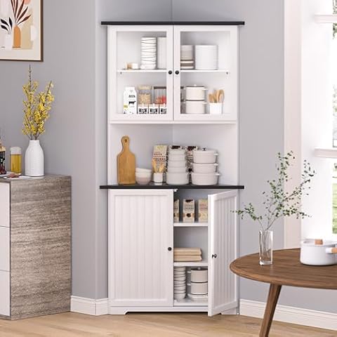 VEIKOU 71" Corner Cabinet, Storage Cabinet with 4 Doors and Adjustable Shelves, Tall Hutch Corner Bar Cabinet for Living Room Kitchen Bathroom, White Cover