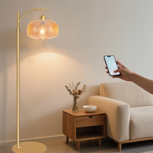 Image of Glass Floor Lamp for Living Room with Amber Glass Lampshade&Remote Control | Dimmable Modern Standing Lamp with 12W LED Bulb, Tall Lamp for Bedroom