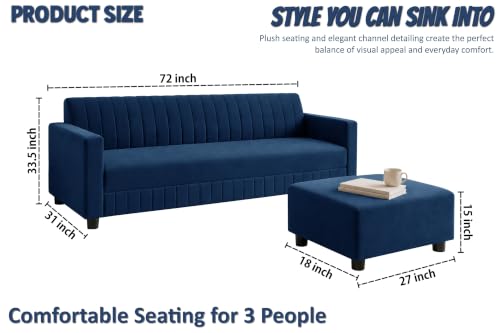 Image of Modern 3-Seater Velvet Sofa with Ottoman | Vertical Channel Tufted Backrest | Plush Cushioned Seating | Stylish Contemporary Sofa for Living Room, Bedroom & Office | Blue