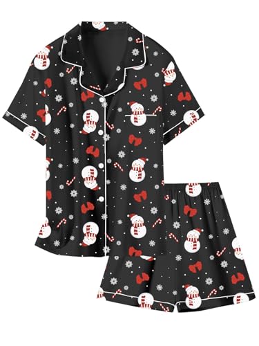 Image of Schbbbta Pajamas for Women, Satin Silk PJS Set 2 Piece Button Down Short Sleeves Sleepwear Soft Comfy Sexy Homewear Outfit, R Christmas Snowman Black, Medium