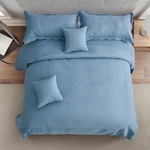 Image of HZ & HY Oversized King Bedspread, Embossed Damask Quilt Set King /Cal King, Lightweight Reversible Coverlet, Scalloped Edge - Calm Blue Classic Look, 5 Piece, Ashley Blue