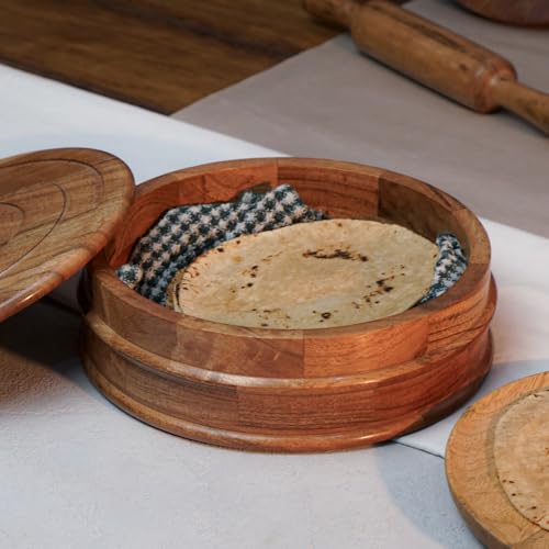Image of Sanjeev Kapoor By OGGN Acacia Wood 9 x 9 x 2.7 Inch, Casserole for Roti Hot Case | Wooden Roti Box | Hot Case Casserole | Big Chapati Storage Box for Home & Kitchen - Premium Wood Elegant Design