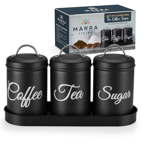Marra Living Tea Coffee Sugar Canisters Set of 3 - Airtight Kitchen Storage Jars with Lids and a Coordinating Tray - Metal Canister Set for Countertop Organization - Black Matte Finish - 1L Each