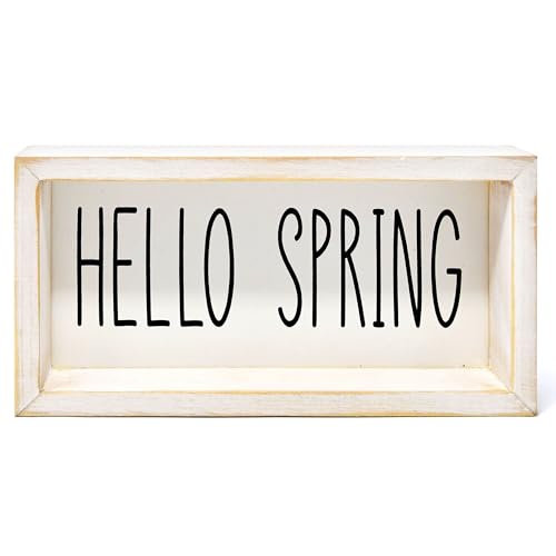 Hello Spring Wooden Sign – Rustic Farmhouse Tiered Tray Decor, Seasonal Spring Tabletop, Mantel and Shelf Decoration
