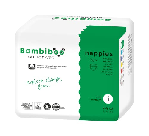 Bambiboo Cottonwear Pañales desechables para bebé con algodón orgánico y sustancias vegetales con cuello umbilical tamaño 1 recién nacido (2-4 kg) 28 unidades