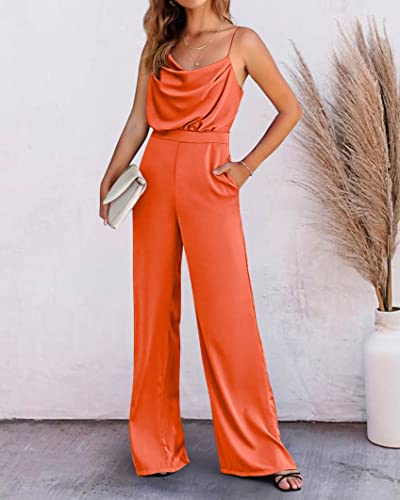 Prettygarden Women 2023 Sleeveless Spaghetti Strap Cowl Neck Backless Satin Jumpsuits Loose Wide Leg Romper With Pockets(Solid Orange,Medium) #TOP6
