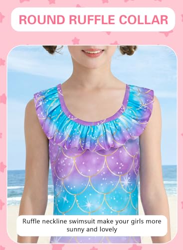 Image of XiaoMoSha Girls Swimsuits Ruffled Round Neck One Piece Bathing Suits Quick Dry UPF 50+ Summer Hawaii Swimwear for Kids 3-10T