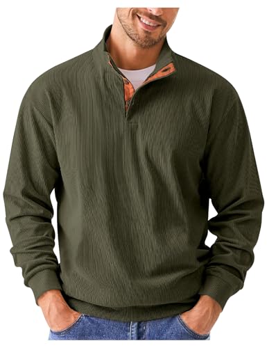 COZYPOIN Men's Corduroy Sweatshirts Casual Stand Collar Button Long Sleeve Henley Pullover Sweater with Elbow Patches(ArmyGreen-M)