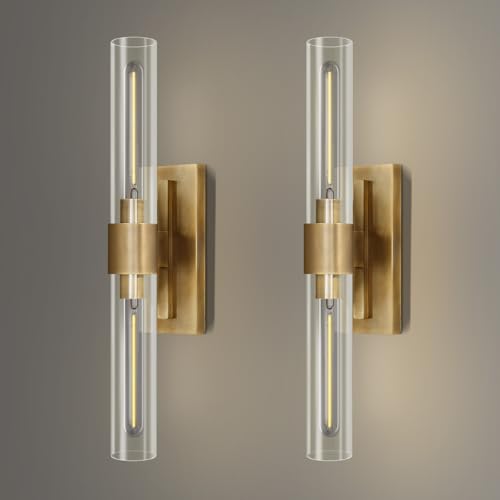 Image of YUYI Brass Wall Sconces Set of Two, 22.8'' Gold Bathroom Sconces Wall Decor with Clear Glass Shade, Indoor Vanity Wall Lights for Bathroom Living Room Bedroom Hallway Fireplace Staircase
