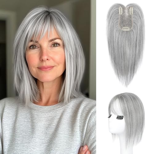 HOOJIH Hair Topper for Women with Thinning Hair 4x2.5inch Base Real Human Hair Topper with Bangs Handmade Invisiable Lace Front Topper - Light Gray