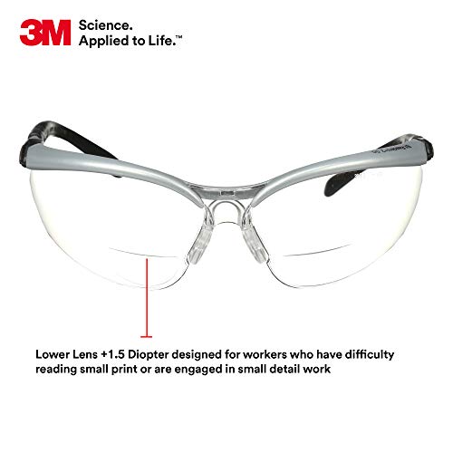 3M Safety Glasses with Readers, BX, +1.5, ANSI Z87, Anti-Fog Anti-Scratch Clear Lens, Silver Frame, Adjustable Length Temples and Lens Angle