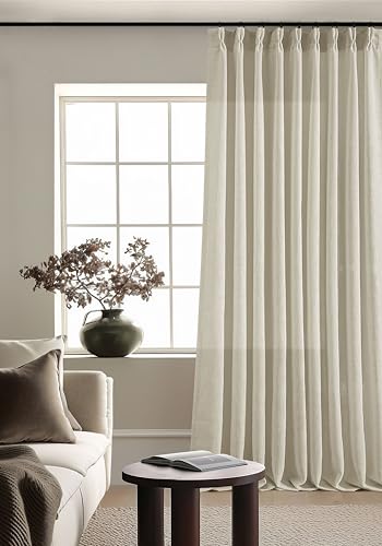 Image of Extra Wide Pinch Pleat 60 x 120 Inch Linen Curtains for Living Room Neutral Beige Light Filtering Semi Sheer Pleated Curtains for Patio Glass Sliding Door Dining Bedroom Large Window 60x120 1 Panel