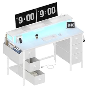Lufeiya White Computer Desk with Fabric Drawers & Storage Shelves, 47 inch Home Office Desk with Monitor Stand, Gaming Desk with LED Lights and Power Outlets, White