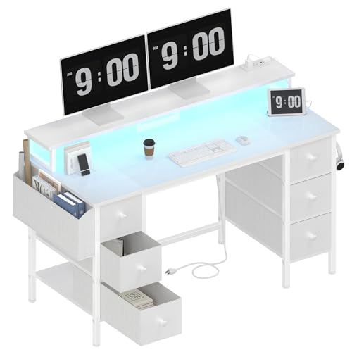 Lufeiya-White-Computer-Desk-with-Fabric-Drawers-Storage-Shelves-47-inch-Home-Office-Desk-with-Monitor-Stand-Gaming-Desk-with-LED-Lights-and-Power-Outlets-White