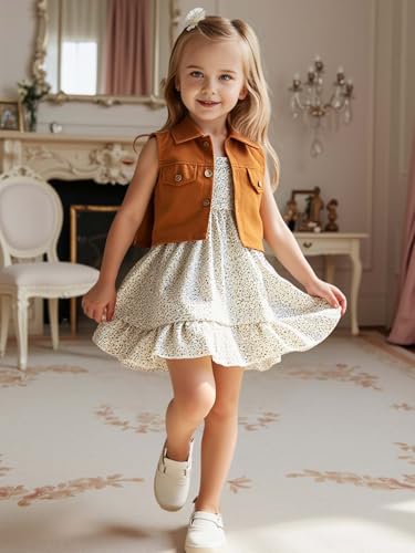 2PCS Girls' Floral Dress Set - Preschool Spring & Autumn Outfits for Ages 3-7 | Soft Cotton Play Dress + Matching Cardigan2