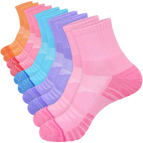 Image of KOOOGEAR 5 Pairs Womens Trainer Ankle Socks Cotton Cushioned Quarter Socks Anti-Blister Moisture Wicking Athletic Walking Socks (UK, Numeric, 4, 7, Regular, Regular, Orange/Red/Pink/Purple/Blue)