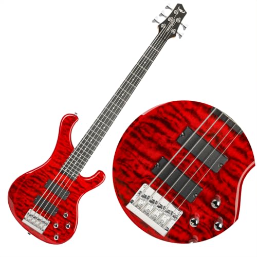 Bullstar Electric Bass Guitar 5 Strings Full-Size Standard Solid Wood Electric Bass, Ripple Elm Wood...
