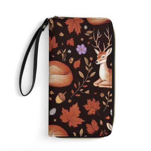 Long PU Zipper Wallet With Rope, Travel Purse Fashion Design, Huge Storage Capacity Wallet, Cute Decor Purse For Men And Women Autumn Leaves Fall Foxes Deer