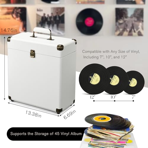 Tayqwiheva Plattenkoffer LP-Koffer Vinyl Schallplattenkoffer mit Schloss Koffer für Schallplatten von 45 LP Schallpaltten Aufbewahrungsbox,Weiß