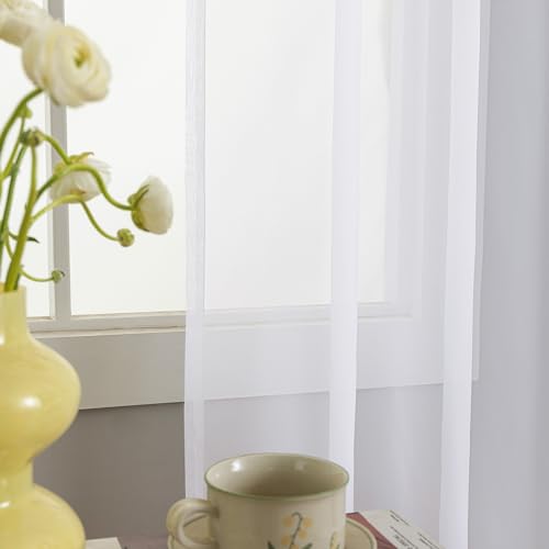 Image of White Sheer Tulle Curtains - 2 Panel Sets, 90 Inch Long, Rod Pocket, for Bedroom & Living Room