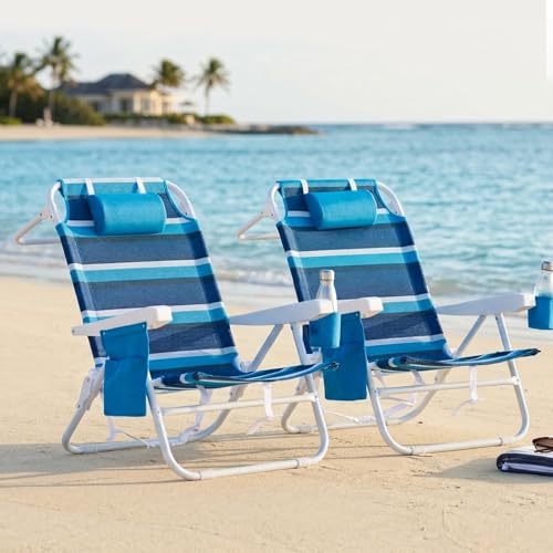Beach Chair 2 Pack, Silla de Playa Reclinable de Tela Mesh con 5 Posiciones, con Correas Mochila, Bolsa Térmica y Portavasos para Aire Libre miniatura 2