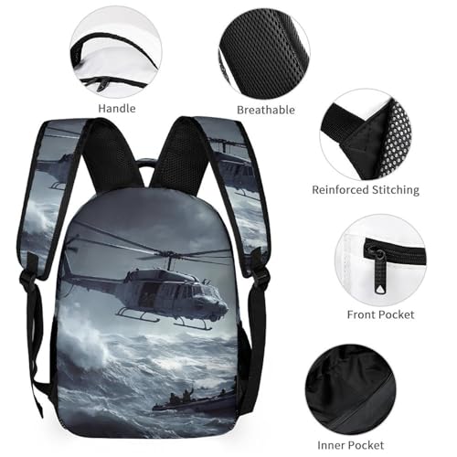 Helicopter Rescues at Sea Heavy Rain Travel Backpack Lunch Box Pencil Case 3Pcs Set for Men Women Office Outing University3