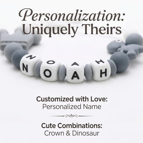 Image of Personalized Pacifier Clip with Name, Custom Silicone Binky Holder for Boys Girls, Dinosaur & Crown Pacifier Chain