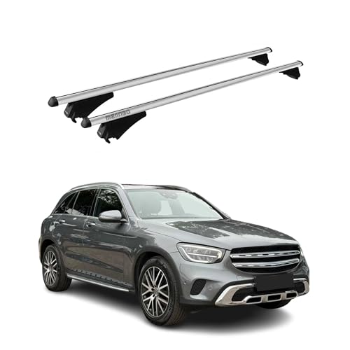 Menabo Baca básica compatible con Mercedes GLC X253 2020 2022 FL, aluminio, 75 kg, plata, 2 piezas, rieles cerrados compatibles con portabicicletas, cajas de techo, portaesquís, con cerradura