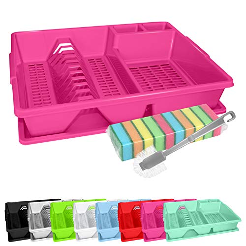 Estructura de escurrido Wellgro, cepillo de limpieza y 10 esponjas u0096 aprox. 44 x 35 x 9 cm (largo x ancho x alto) u0096 Escurreplatos u0096 Soporte para vajilla u0096 Escurreplatos, color: rosa