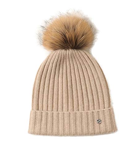 SANSUILOKE 100% Kaschmir Strickmütze für Frauen Pelz Pom Pom Mütze für Damen Cuffed Beanie Pure Cashmere Strickmützen für kaltes Wetter, beige, Einheitsgröße Cover