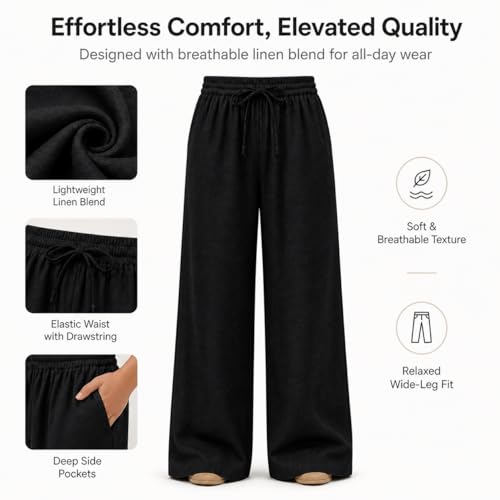 Image of Women Linen Wide Leg Pants High Waist Drawstring Elastic Waist Trousers Breathable Lightweight Summer Palazzo Pants Casual Travel Lounge Wear with Pockets