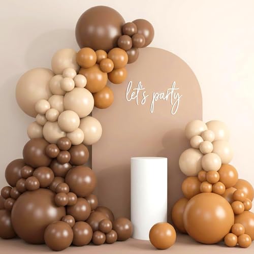 Image of RUBFAC Tan Balloons 129pcs Different Sizes Pack of 18 12 10 5 Inch, Latex Boho Neutral Light Brown Coffee Balloon Garland Arch Kit for Wedding Baby Shower Jungle Safari Fall Birthday Bear Themed Party