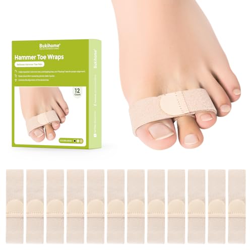 Image of Bukihome Hammer Toe Straightener - Reusable Fabric Toe Wraps Protect and Straighten Hammertoes - Toe Corrector for Men and Women - Realign Bent, Curled, Crooked, Claw, Hammer Toes (Beige, 12 Pack)