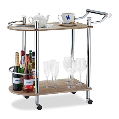 Relaxdays Camarera con 2 Repisas, 4 Ruedas y Manillar, Acero y Tablero DM, Marrón, 76 x 39 x 82 cm