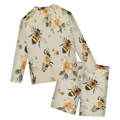 Lovely Bee Floral Boys Swimsuit Rash Guard Toddler Kids Long Sleeve Swim Shirt and Trunks Swimwear Set 3-10Y2