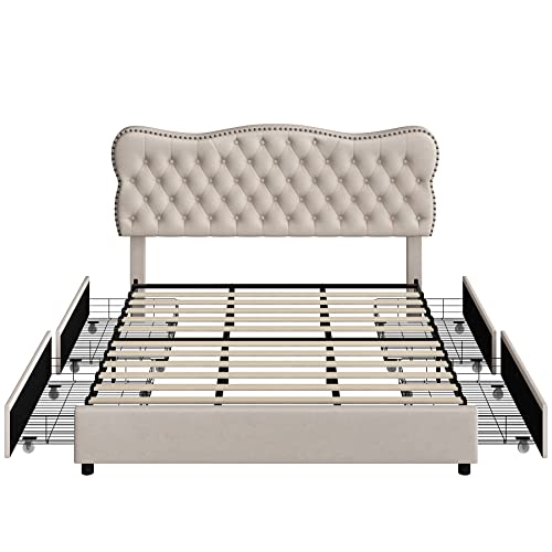 Hostack King Bed Frame With 4 Storage Drawers, Upholstered Platform Bed Frame With Button Tufted Headboard, Heavy Duty Mattress Foundation With Wooden Slats, No Box Spring Needed (Beige, King) #TOP6