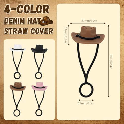 Image of HASTHIP 4 Pack Silicone Cowboy Hat Straw Covers Cap Compatible with Stanley Cup 30 40 oz, Cute Funny Tumbler Straw Topper Accessories for Man & Woman Valentine's Day Gifts