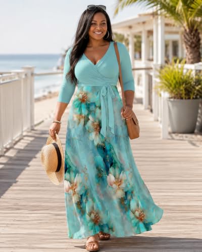 Image of Plus Size Maxi Dress for Women V Neck 3 /4 Sleeve Wrap Dresses