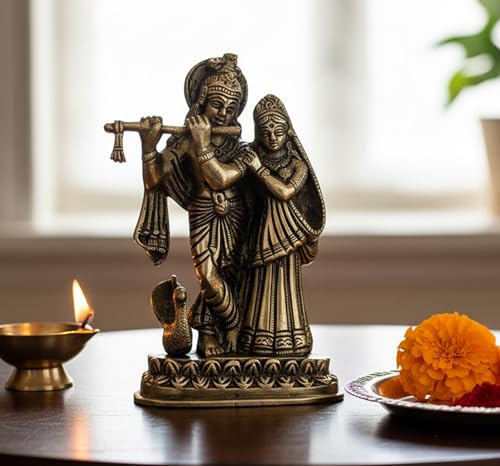 StonKraft - Radha Krishna Pair Murti Idol Statue Sculpture - Brass - 6 Inches - Antique