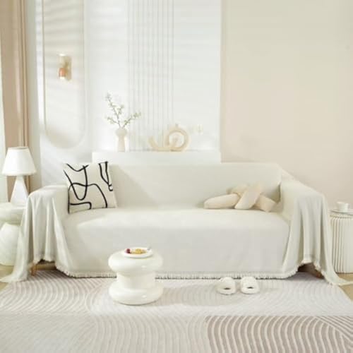 ROOMLIFE Beige Boho Couch Cover Sofa Covers with White Tassel